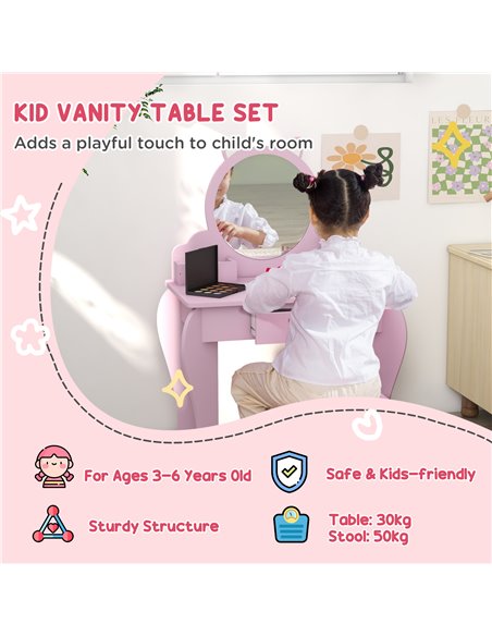 ZONEKIZ Kids Vanity Table with Mirror and Stool, Cat Design, Drawer, Storage Boxes, for 3-6 Years Old - Pink 316-013V80PK - pic 34728 | FastDaddyshop