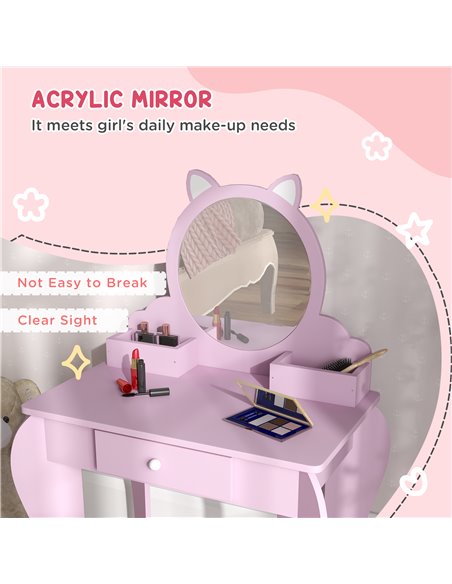 ZONEKIZ Kids Vanity Table with Mirror and Stool, Cat Design, Drawer, Storage Boxes, for 3-6 Years Old - Pink 316-013V80PK - pic 34730 | FastDaddyshop