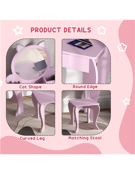 ZONEKIZ Kids Vanity Table with Mirror and Stool, Cat Design, Drawer, Storage Boxes, for 3-6 Years Old - Pink 316-013V80PK - pic 34731 | FastDaddyshop