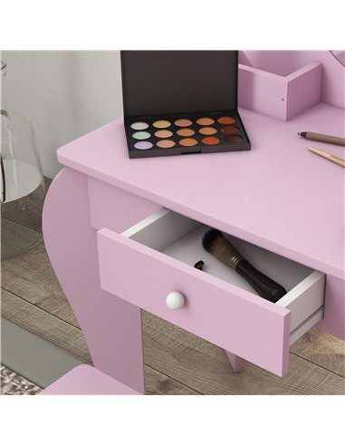ZONEKIZ Kids Vanity Table with Mirror and Stool, Cat Design, Drawer, Storage Boxes, for 3-6 Years Old - Pink 316-013V80PK