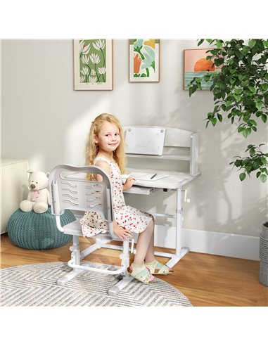 ZONEKIZ Height Adjustable Kids Study Table and Chair Set, with Drawer, Storage Shelf, 80 x 54.5 x 104 cm, Grey 312-106V80GY