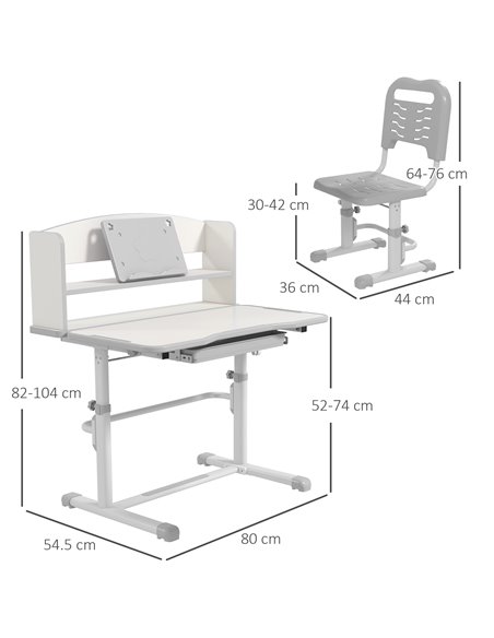 ZONEKIZ Height Adjustable Kids Study Table and Chair Set, with Drawer, Storage Shelf, 80 x 54.5 x 104 cm, Grey 312-106V80GY - pic 34763 | FastDaddyshop