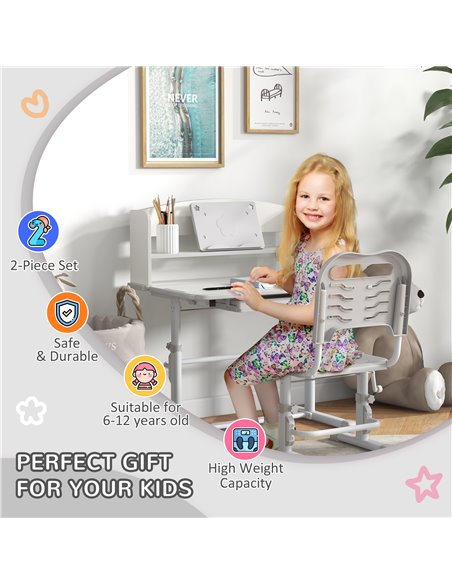 ZONEKIZ Height Adjustable Kids Study Table and Chair Set, with Drawer, Storage Shelf, 80 x 54.5 x 104 cm, Grey 312-106V80GY - pic 34764 | FastDaddyshop