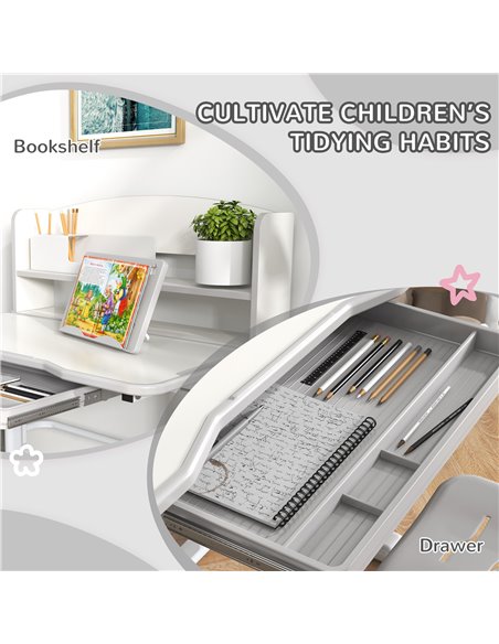 ZONEKIZ Height Adjustable Kids Study Table and Chair Set, with Drawer, Storage Shelf, 80 x 54.5 x 104 cm, Grey 312-106V80GY - pic 34765 | FastDaddyshop