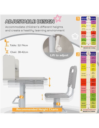 ZONEKIZ Height Adjustable Kids Study Table and Chair Set, with Drawer, Storage Shelf, 80 x 54.5 x 104 cm, Grey 312-106V80GY