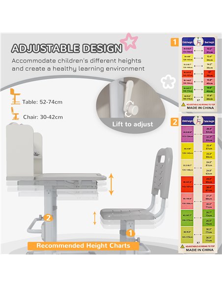 ZONEKIZ Height Adjustable Kids Study Table and Chair Set, with Drawer, Storage Shelf, 80 x 54.5 x 104 cm, Grey 312-106V80GY - pic 34766 | FastDaddyshop