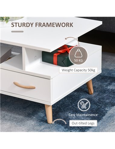 HOMCOM Modern Minimalism Coffee Table with Storage, Sofa Side Table with Shelf & Drawer for Living Room Reception Room, White 83