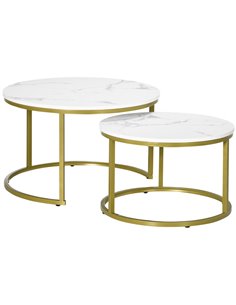 HOMCOM Coffee Table Set of 2, Round Nest of Tables, White and Gold Tone, 839-589V00WT