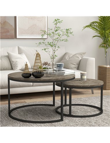 HOMCOM Industrial Nesting Coffee Table Set of 2, Round Coffee Tables, Faux Marbled Brown 833-873V80GY