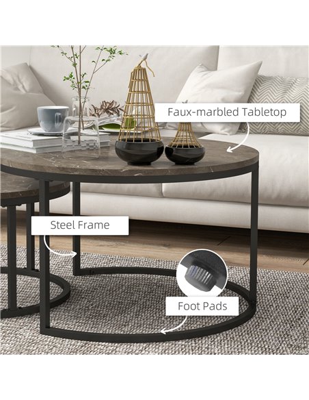 HOMCOM Industrial Nesting Coffee Table Set of 2, Round Coffee Tables, Living Room Table with Faux Marbled Top and Steel Frame 83 - pic 34820 | FastDaddyshop