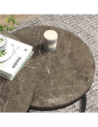 HOMCOM Industrial Nesting Coffee Table Set of 2, Round Coffee Tables, Living Room Table with Faux Marbled Top and Steel Frame 83