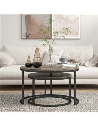 HOMCOM Industrial Nesting Coffee Table Set of 2, Round Coffee Tables, Living Room Table with Faux Marbled Top and Steel Frame 83