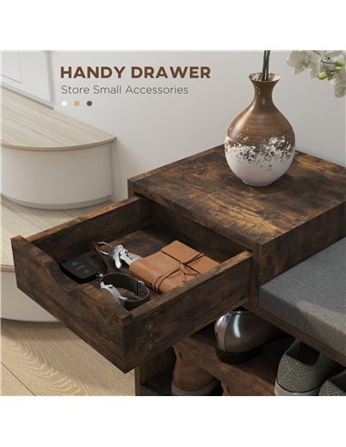 HOMCOM Shoe Storage with Seat, Upholstered Entryway Bench, Shoe Bench with Drawer and 3 Open Shelves for Hallway 837-439V70RB