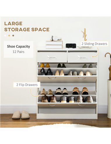 HOMCOM Narrow Shoe Storage with 2 Flip Drawers and Adjustable Shelves Shoe Cabinet Organizer for 12 Pairs of Shoes, White 837-32