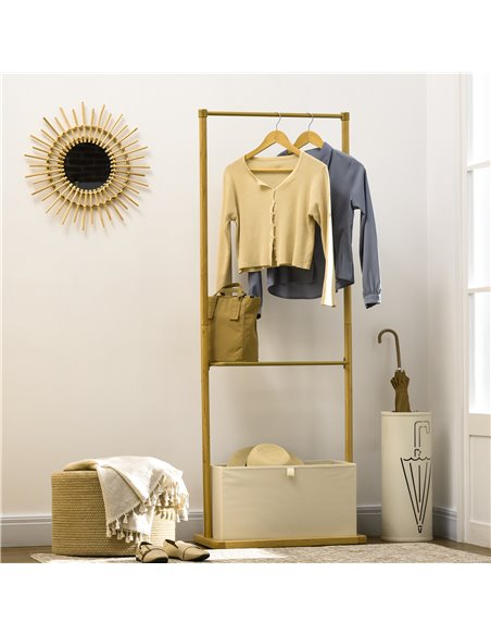 HOMCOM Clothes Rail, Bamboo Coat Stand, Garment Rack with Open Shelves and Fabric Storage Box for Bedroom, Hallway, Natural 837- - pic 34924 | FastDaddyshop