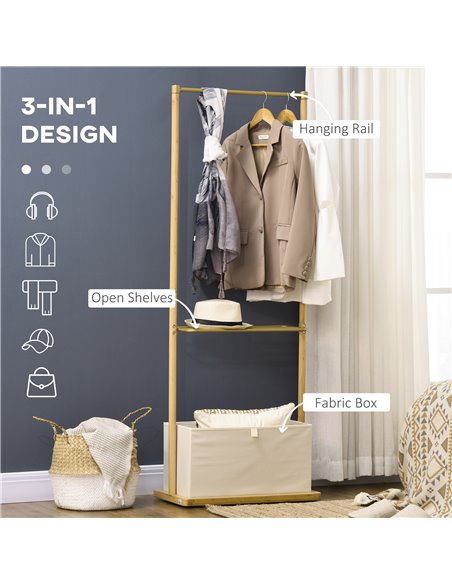 HOMCOM Clothes Rail, Bamboo Coat Stand, Garment Rack with Open Shelves and Fabric Storage Box for Bedroom, Hallway, Natural 837- - pic 34926 | FastDaddyshop