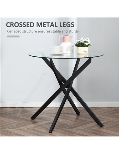 HOMCOM Side Table with Clear Tempered Glass Top, Round Dining Table, Black 839-079