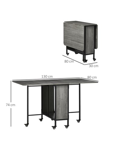 HOMCOM Mobile Drop Leaf Table, Folding Kitchen Table, Grey Wood Effect 835-789V00GY