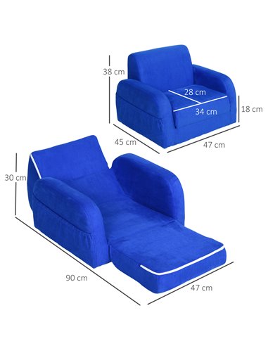 HOMCOM 2 In 1 Kids Children Sofa Chair Bed Folding Couch, Blue 310-040V70BU