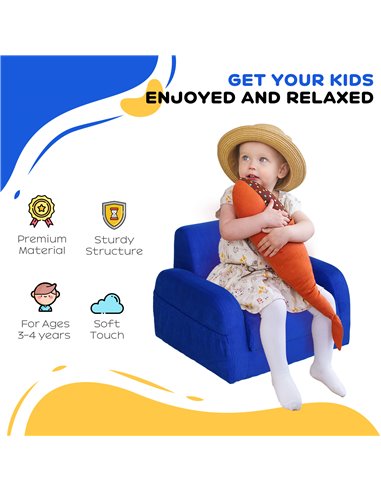 HOMCOM 2 In 1 Kids Children Sofa Chair Bed Folding Couch, Blue 310-040V70BU