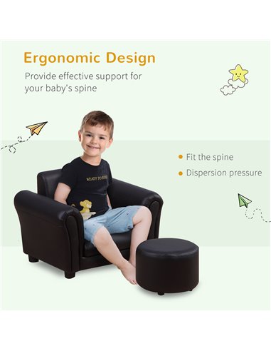 HOMCOM Toddler Chair Single Seater Kids Sofa with Stool Set, Black 310-008V70BK