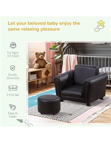 HOMCOM Toddler Chair Single Seater Kids Sofa Set, 54 x 42 x 41cm, Kids Sofa with Stool, Black 310-008V70BK