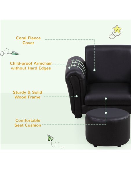 HOMCOM Toddler Chair Single Seater Kids Sofa Set, 54 x 42 x 41cm, Kids Sofa with Stool, Black 310-008V70BK - pic 35190 | FastDaddyshop