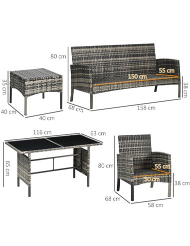 Outsunny 5 Seater Rattan Garden Furniture Set, Grey Rattan, Grey Cushions, 860-292V00GG