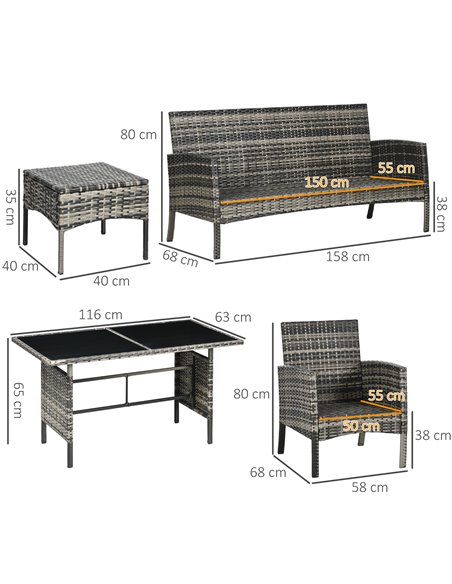Outsunny 5 Seater Rattan Garden Furniture Set, Grey Rattan, Grey Cushions, 860-292V00GG - pic 35213 | FastDaddyshop
