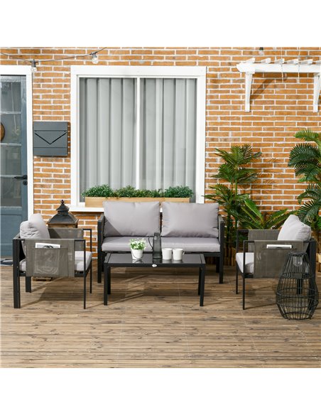 Outsunny 4 Piece Metal Garden Furniture Set, Light Grey Cushion, Black Frame 84G-048V70LG - pic 35221 | FastDaddyshop