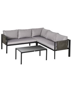 Outsunny 4 Piece Metal Garden Furniture Set, Light Grey Cushions, Black Frame, 84G-049V70LG