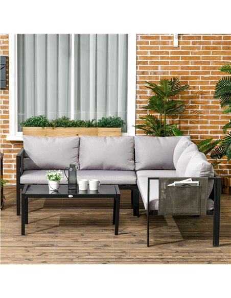 Outsunny 4 Piece Metal Garden Furniture Set, Light Grey Cushions, Black Frame, 84G-049V70LG - pic 35230 | FastDaddyshop