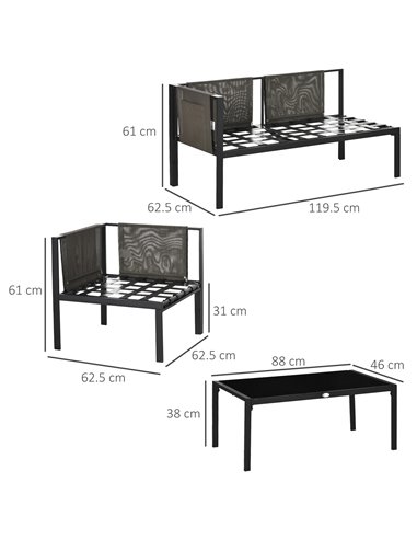 Outsunny 4 Piece Metal Garden Furniture Set, Light Grey Cushions, Black Frame, 84G-049V70LG