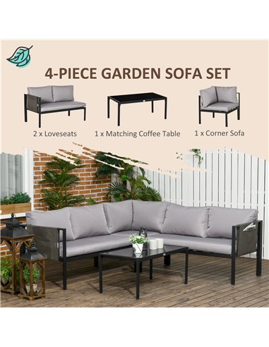 Outsunny 4 Piece Metal Garden Furniture Set, Light Grey Cushions, Black Frame, 84G-049V70LG