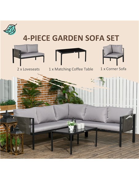 Outsunny 4 Piece Metal Garden Furniture Set, Light Grey Cushions, Black Frame, 84G-049V70LG - pic 35232 | FastDaddyshop
