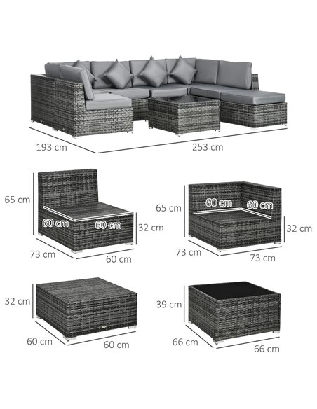 Outsunny 8 Pieces PE Rattan Corner Sofa Set, Grey 860-096V00GG - pic 35249 | FastDaddyshop