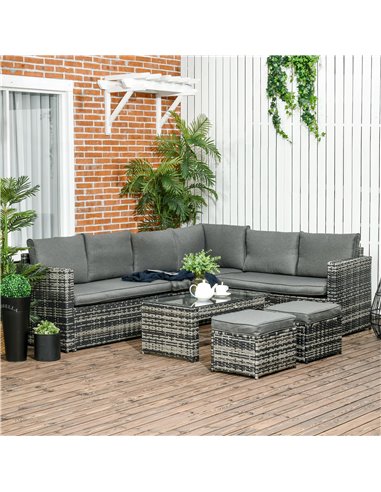Outsunny 6 Piece 8-Seater Rattan Garden Furniture Set, Mix-Grey Rattan, Grey Cushion 860-293V70GG