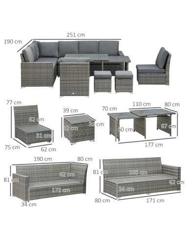 Outsunny 7 Piece Rattan Garden Furniture Set, Grey Rattan, Grey Cushion 860-295V70GY