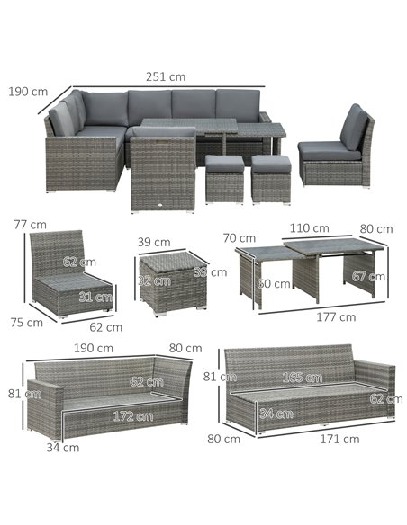 Outsunny 7 Piece Rattan Garden Furniture Set, Grey Rattan, Grey Cushion 860-295V70GY - pic 35285 | FastDaddyshop