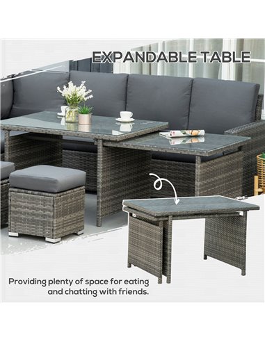 Outsunny 7 Piece Rattan Garden Furniture Set, 10-Seater Sofa Sectional with Cushioned Sofa Seat, Footstools and Expandable Glass
