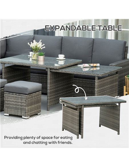 Outsunny 7 Piece Rattan Garden Furniture Set, 10-Seater Sofa Sectional with Cushioned Sofa Seat, Footstools and Expandable Glass - pic 35288 | FastDaddyshop
