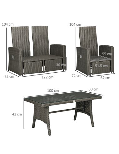 Outsunny 4 Piece Rattan Garden Furniture Sets, Grey Rattan, Grey Cushion 860-288V70GY