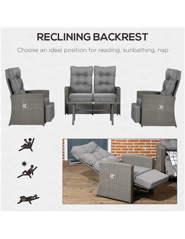 Outsunny 4 Piece Rattan Garden Furniture Sets, 4 Seater Outdoor Sofa Sectional w/Wicker Sofa, Reclining Armchair and Glass Table