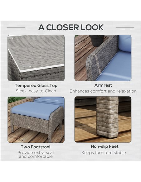 Outsunny 5 Pieces PE Rattan Garden Furniture Set, Wicker Outdoor Sofa Set w/ 2 Armchairs 2 Stools Glass Top Table Cushions, Blue - pic 35306 | FastDaddyshop
