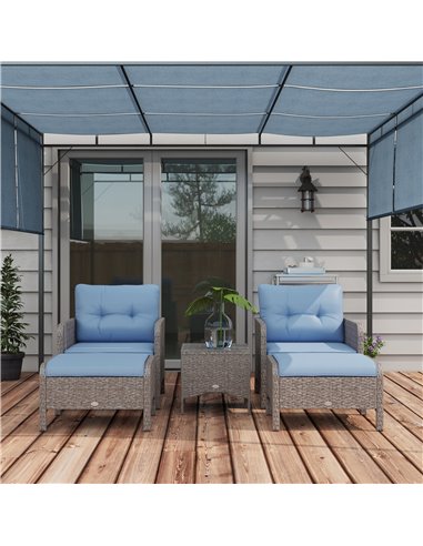 Outsunny 5 Pieces PE Rattan Garden Furniture Set, Wicker Outdoor Sofa Set w/ 2 Armchairs 2 Stools Glass Top Table Cushions, Blue