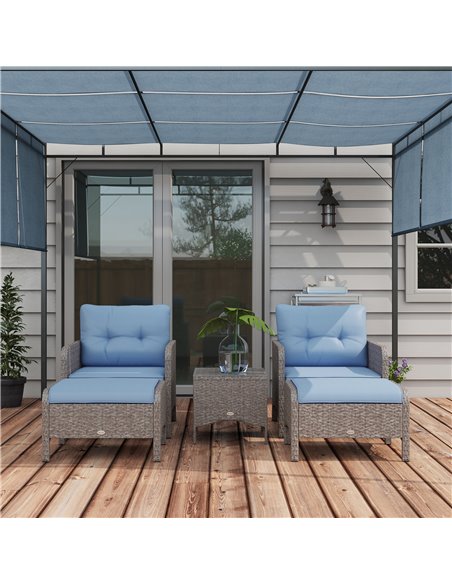Outsunny 5 Pieces PE Rattan Garden Furniture Set, Wicker Outdoor Sofa Set w/ 2 Armchairs 2 Stools Glass Top Table Cushions, Blue - pic 35307 | FastDaddyshop