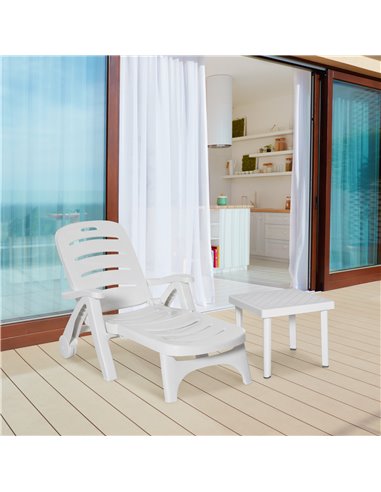 Outsunny 2pcs Garden Outdoor Furniture Set, 1 Lounge Chair and 1 Garden Side Table, White 84B-P065