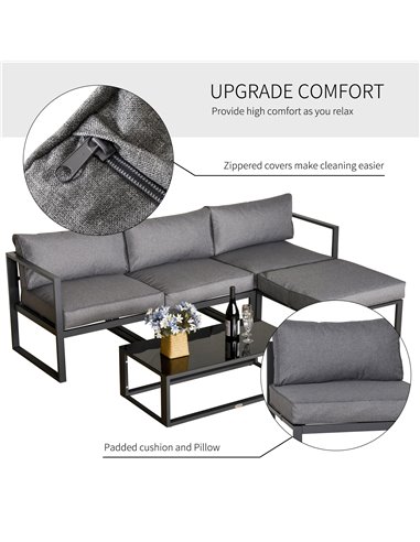 Outsunny 5 Pieces Outdoor Patio Furniture Set, Sofa Couch with Glass Coffee Table, Cushioned Chairs and Metal Frame, for Balcony