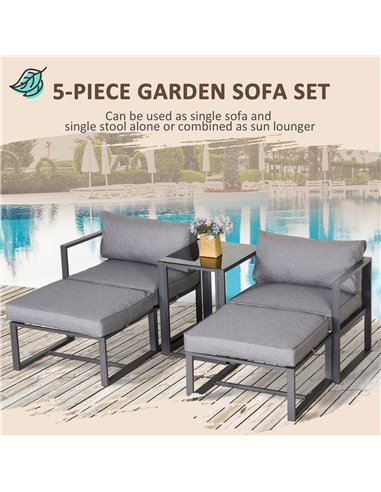 Outsunny 5 Piece Garden Conversation Set Patio Furniture Set Outdoor Sun Lounger 2 Sofas 2 Footstools End Table with Cushions 84