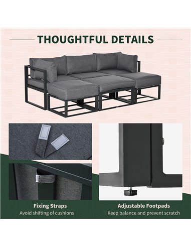 Outsunny Garden Daybed, 6 Piece Outdoor Sectional Sofa Set, Aluminum Patio Conversation Furniture Set with Coffee Table, Footsto